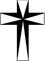 A thick black and white cross with black shading running from each arm of the cross to the center merging to a point at the center of the Cross.