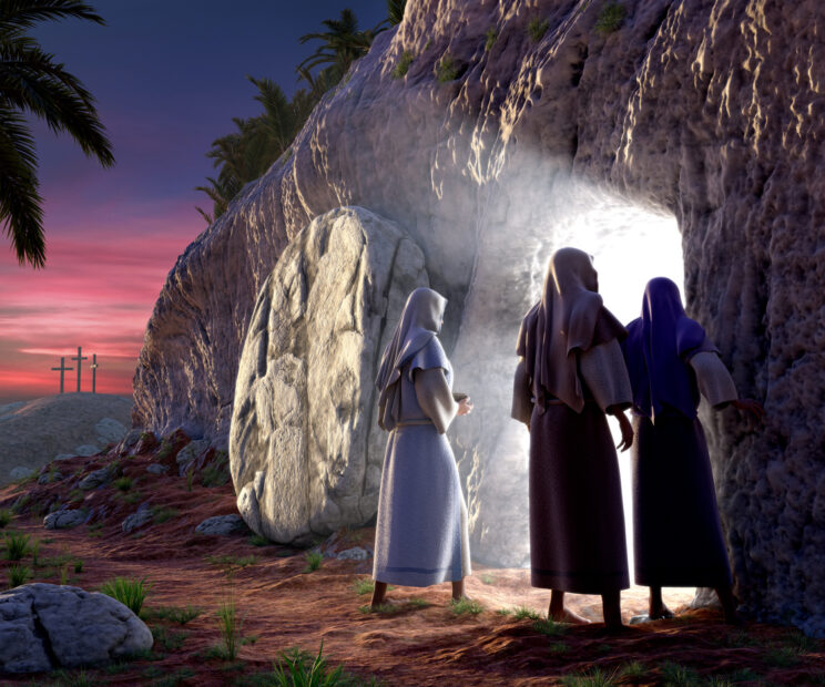 Picture: Mary Magdalene, Mary,Salome walking up to the bright empty tomb of Jesus Christ early Sunday morning, Showing Golgotha in the background.
